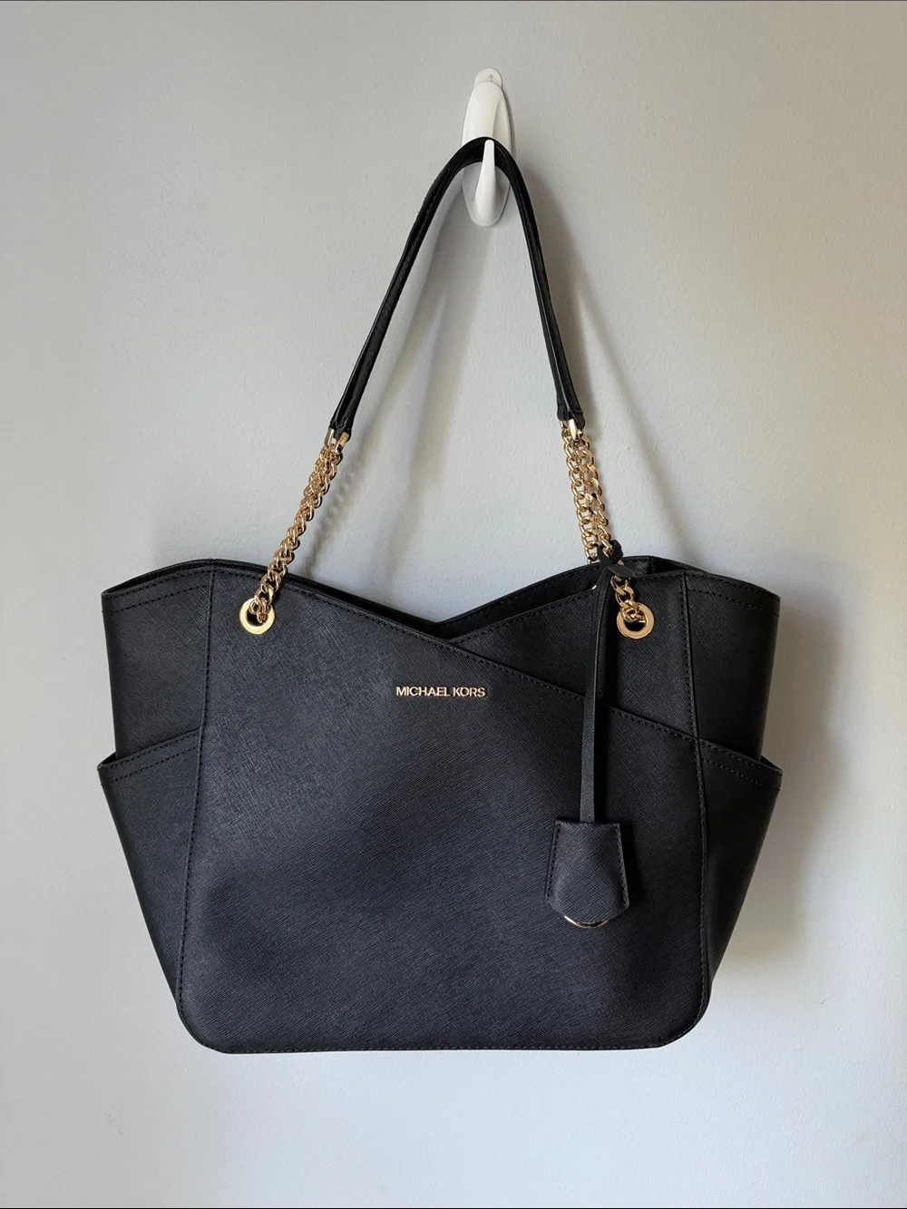 Michael Kors Black Saffiano Tote with Gold Chain Straps